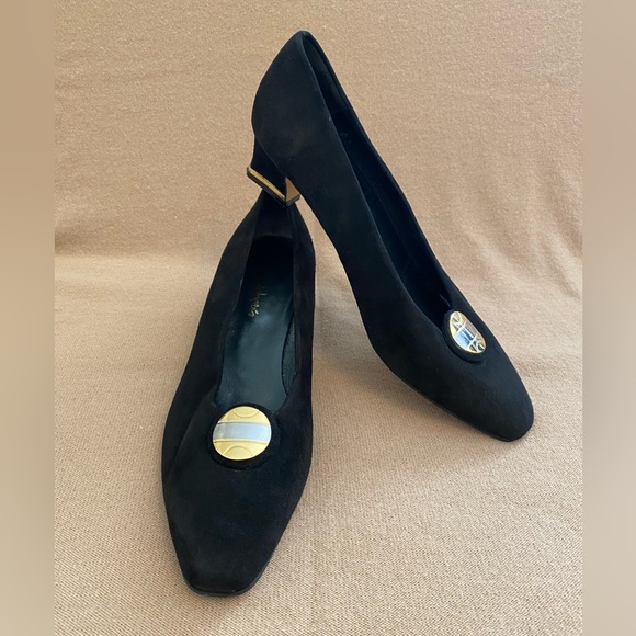 CLASSIC EL CORTE INGLES PUMPS SHOES ALMOND TOE BLOCK HEEL BLACK SUEDE 40 EU/9-D - Picture 1 of 12